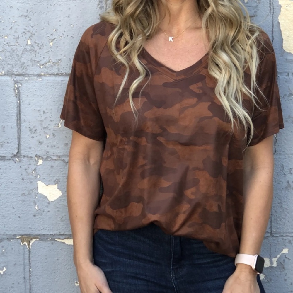 Another Love Brown Suede Camo V-Neck Top